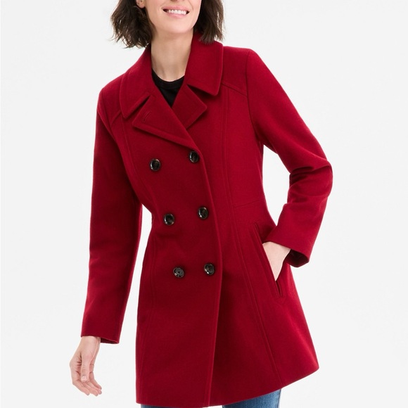 Anne Klein Double-BreastedBurgundy blood Red Pea Coat